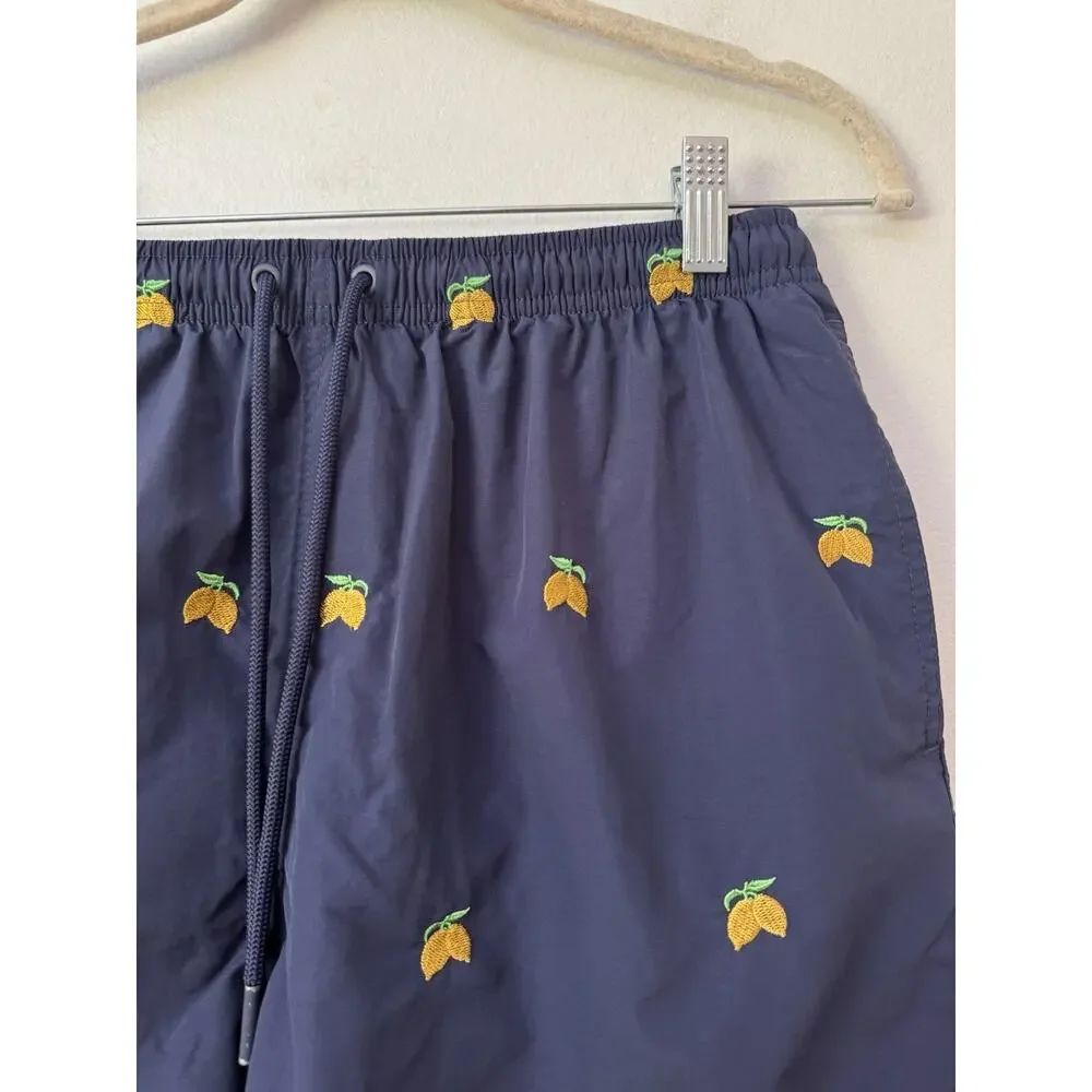 Warren Webber Navy Blue Lemon Embroidered Swim Trunks Men’s Size XL